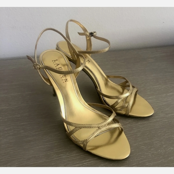 Ralph Lauren Gold Sammy Leather Strappy High Heel Sandals - Picture 3 of 8